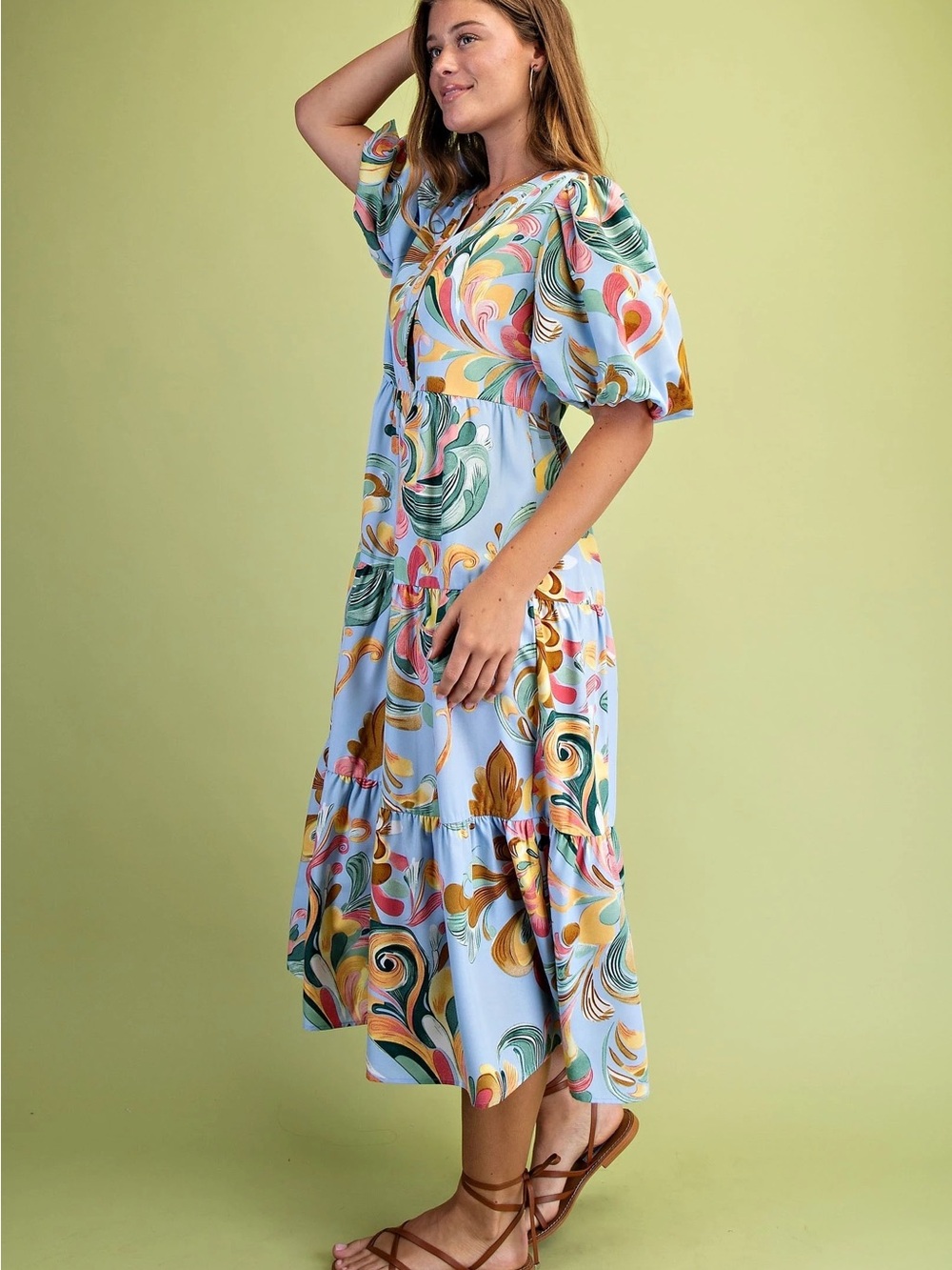 Sky Blue Floral Swirl Tiered Midi Dress - Picture 3 of 4